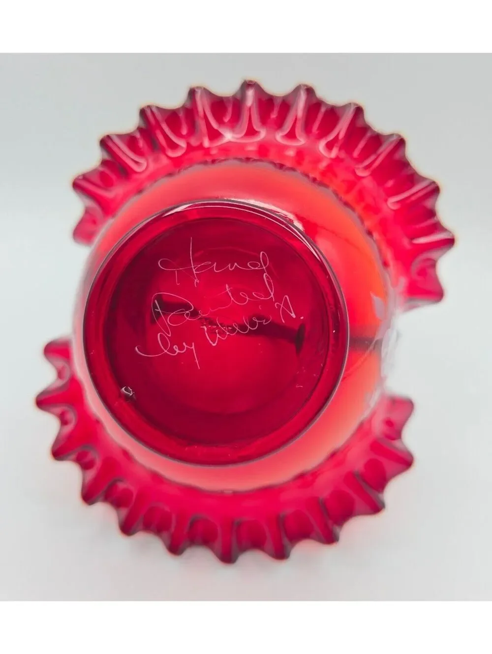 Vintage Fenton Ruby Red Hand Painted Flower Ruffled Art Glass Basket Signed